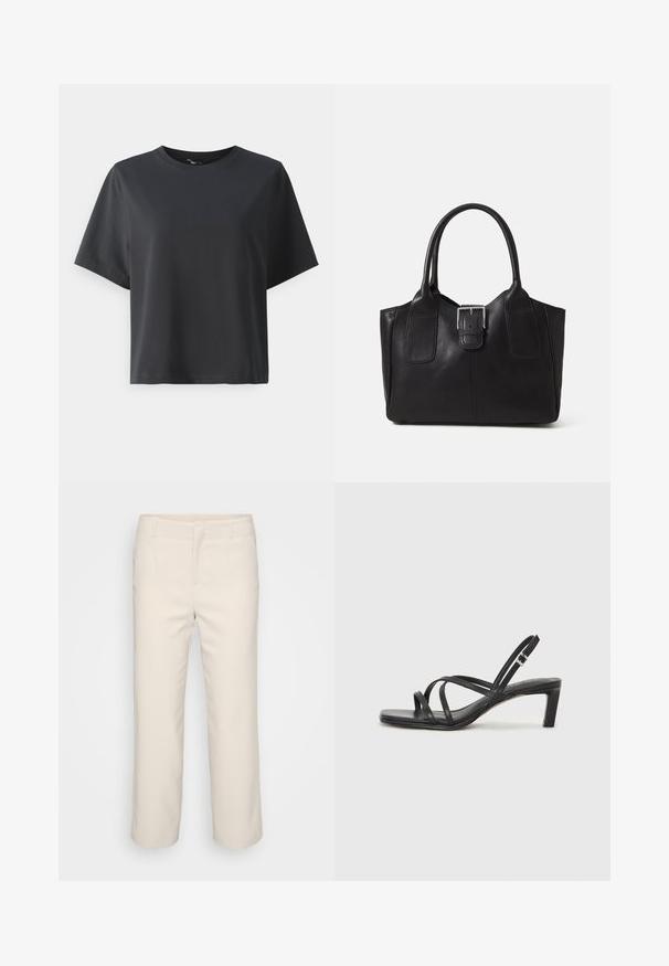 Camiseta de algodón negra, de manga corta, cuello redondo, corte relajado, textura suave, diseño simple, sin patrones ni acentos.; Pantalones de vestir beige, con un diseño de pierna recta, frente plano y dos bolsillos laterales. Hechos de una tela suave con un acabado limpio.; Sandalia negra de tiras con punta cuadrada y tacón bajo de bloque. Presenta múltiples tiras delgadas y una correa ajustable en el tobillo. Fabricada en cuero suave.; Bolso tote de cuero negro con textura suave, forma estructurada, dos asas y un prominente detalle de hebilla plateada en la parte frontal.