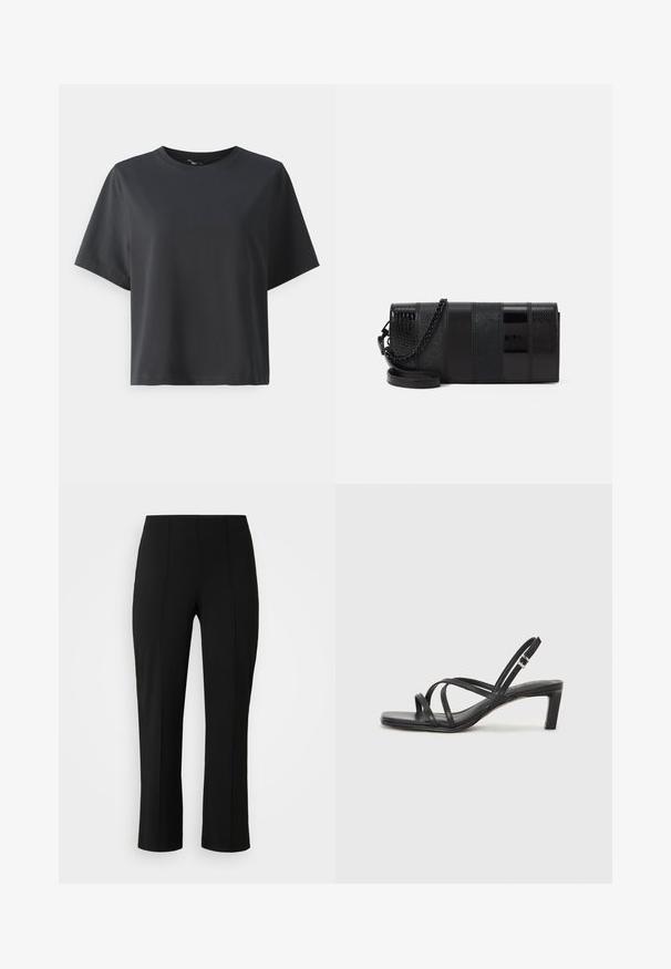 T-shirt di cotone nero, maniche corte, collo a giro, vestibilità comoda, texture liscia, design semplice, senza motivi o dettagli.; Vero Moda Curve VMCBECKY PULL ON - Pantaloni - black; Sandalo nero con cinturini, dalla punta squadrata e tacco basso a blocco. Presenta diversi cinturini sottili e una cinturini regolabile alla caviglia. Realizzato in pelle liscia.; Borsa accessorio nera con un mix di pannelli lucidi e testurizzati, dotata di una tracolla a catena. Forma rettangolare con una finitura liscia e accenti sottili.