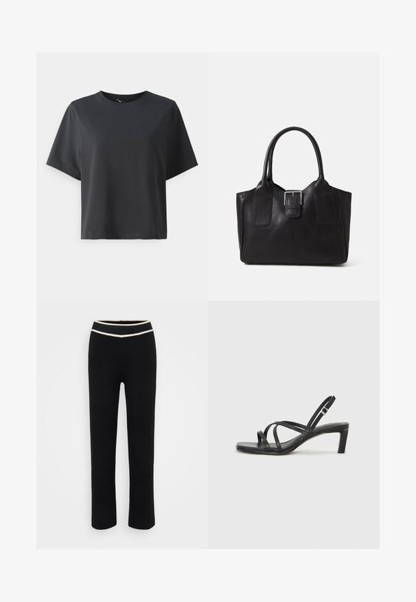 Black cotton t-shirt, short sleeves, crew neck, relaxed fit, smooth texture, simple design, no patterns or accents.; Black pants with a fitted design, made from soft fabric. Features a contrasting cream waistband and straight-leg cut. No patterns or accents.; Black strappy sandal with a square toe and a low block heel. Features multiple thin straps and an adjustable ankle strap. Made of smooth leather.; Black leather tote bag with smooth texture, structured shape, two handles, and a prominent silver buckle detail on the front.