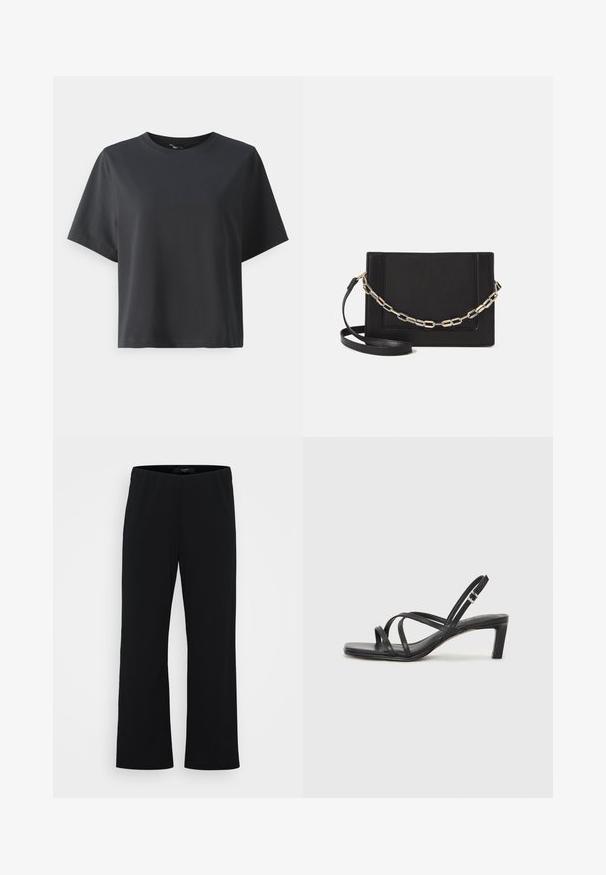 Czarny bawełniany t-shirt, krótkie rękawy, okrągły dekolt, luźny krój, gładka tekstura, prosty design, bez wzorów ani akcentów.; Czarne, szerokie spodnie wykonane z miękkiego materiału. Posiadają elastyczny pasek w talii i gładką teksturę. Brak widocznych wzorów lub akcentów.; Czarne sandały na obcasie z prostokątnym noskiem i niskim słupkowym obcasem. Posiadają wiele cienkich pasków i regulowany pasek na kostkę. Wykonane z gładkiej skóry.; Czarna skórzana torebka typu crossbody z gładką teksturą, prostokątnym kształtem oraz metalowym detalem w postaci łańcuszka z przodu. W zestawie regulowany pasek.; Srebrna obrączka podwójna z gładką, polerowaną powierzchnią. Posiada płynny, zakrzywiony kształt z nakładającymi się sekcjami, co nadaje nowoczesny wygląd.