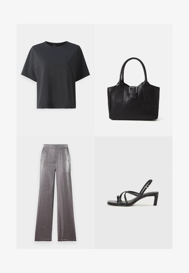 Svart bomull T-skjorte, korte ermer, rund hals, avslappet passform, jevn tekstur, enkel design, ingen mønstre eller aksenter.; Videbukser i en skinnende, sølvfarvet stof. Har en glat tekstur med en flad talje og ingen synlige lommer.; Sorte sandaler med stropper, firkantet tå og lav blokk hæl. Har flere tynne stropper og en justerbar ankelstropp. Laget av glatt lær.; Svart skinn toteveske med jevn tekstur, strukturert form, to håndtak og en fremtredende sølvspenne foran.