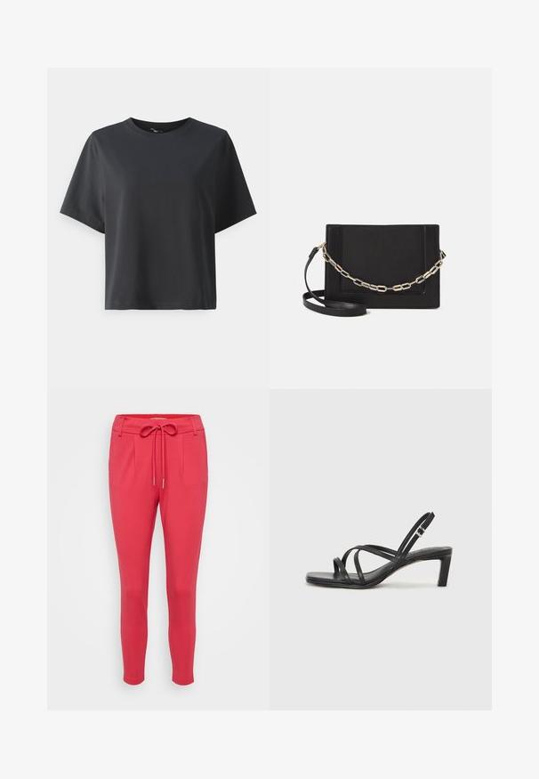 Svart bomull T-skjorte, korte ermer, rund hals, avslappet passform, jevn tekstur, enkel design, ingen mønstre eller aksenter.; ONLY Petite ONLPOPTRASH LIFE EASY - Bukse - viva magenta; Sorte sandaler med stropper, firkantet tå og lav blokk hæl. Har flere tynne stropper og en justerbar ankelstropp. Laget av glatt lær.; Svart lær crossbody-veske med glatt tekstur, rektangulær form og metallkjede detaljer på framsiden. Justerbar stroppe inkludert.