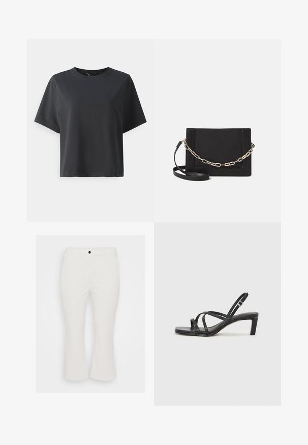 Tricou negru din bumbac, mâneci scurte, guler rotund, croială lejeră, textură netedă, design simplu, fără modele sau accente.; Pantaloni albi scurți, dintr-un amestec de bumbac, cu închidere frontală cu nasture, bucle pentru curea și croială dreaptă. Textură netedă, stil casual.; Sandal cu barete negre, cu vârf pătrat și toc mic de bloc. Prezintă mai multe barete subțiri și o bareta ajustabilă la gleznă. Fabricat din piele netedă.; Geantă de umăr din piele neagră, cu o textură netedă, formă rectangulară și un detaliu din lanț metalic în față. Include curea reglabilă.