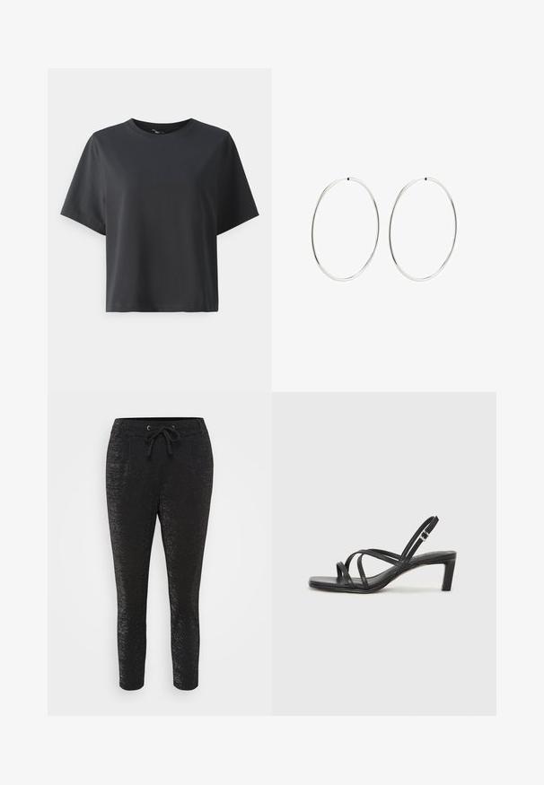 Mustat puuvillapaita, lyhyet hihat, pyöreä kaula-aukko, rento istuvuus, sileä pinta, yksinkertainen muotoilu, ilman kuvioita tai koristeita.; Musta housu, jossa on kiiltävä pinta, nyörivyö, kaksi etutaskua ja kapenevat lahkeet, jotka antavat istuvan ilmeen.; Mustat hihnalligat, joissa on neliön muotoinen kärki ja matala lohkokorko. Ominaisuuksiin kuuluu useita ohuita hihnoja ja säädettävä nilkkahihna. Valmistettu sileästä nahasta.; Hope hopeita hopeita, joissa on sileä, pyöreä muoto ja kiiltävä pinta. Ne ovat ohuita ja kevyitä, ja niissä on yksinkertainen lukitus.