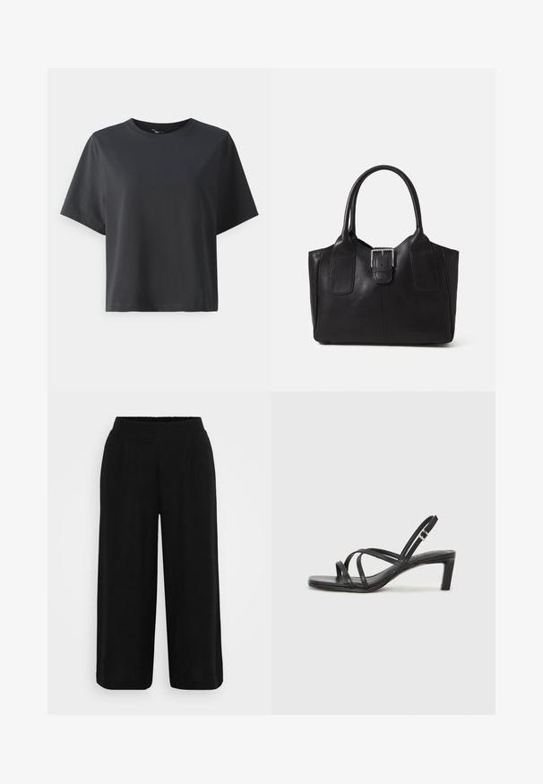 Black cotton t-shirt, short sleeves, crew neck, relaxed fit, smooth texture, simple design, no patterns or accents.; Black wide-leg trousers with a high elastic waistband, featuring subtle front pleats and a smooth fabric texture.; Black strappy sandal with a square toe and a low block heel. Features multiple thin straps and an adjustable ankle strap. Made of smooth leather.; Black leather tote bag with smooth texture, structured shape, two handles, and a prominent silver buckle detail on the front.