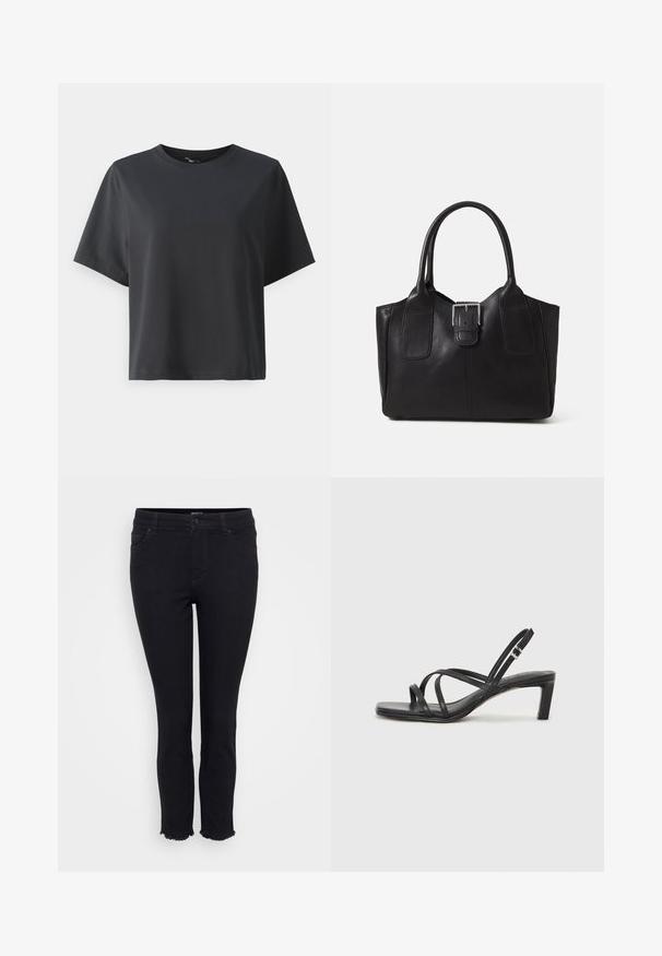 T-shirt de algodão preto, mangas curtas, gola redonda, corte descontraído, textura suave, design simples, sem padrões ou detalhes.; Jeans de ganga pretos com um corte slim, apresentando uma bainha desfiada, cinco bolsos e um fecho de botão. Feitos de uma mistura de tecidos para conforto.; Sandal de tiras pretas com biqueira quadrada e um pequeno salto bloco. Apresenta várias tiras finas e uma tira no tornozelo ajustável. Feito de couro liso.;  Bolsa tote de couro preta com textura suave, forma estruturada, duas alças e um destaque prateado proeminente na parte da frente.