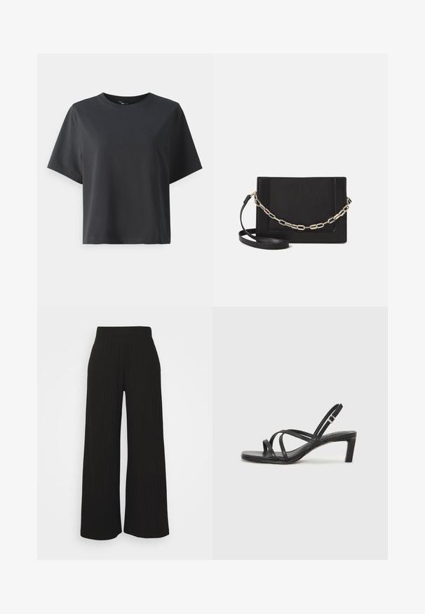 Camiseta de algodón negra, de manga corta, cuello redondo, corte relajado, textura suave, diseño simple, sin patrones ni acentos.; ONLY Petite ONLINGA PANT - Pantalones - black; Sandalia negra de tiras con punta cuadrada y tacón bajo de bloque. Presenta múltiples tiras delgadas y una correa ajustable en el tobillo. Fabricada en cuero suave.; Bolso cruzado de piel negra con textura suave, forma rectangular y un detalle de cadena metálica en el frente. Incluye una correa ajustable.