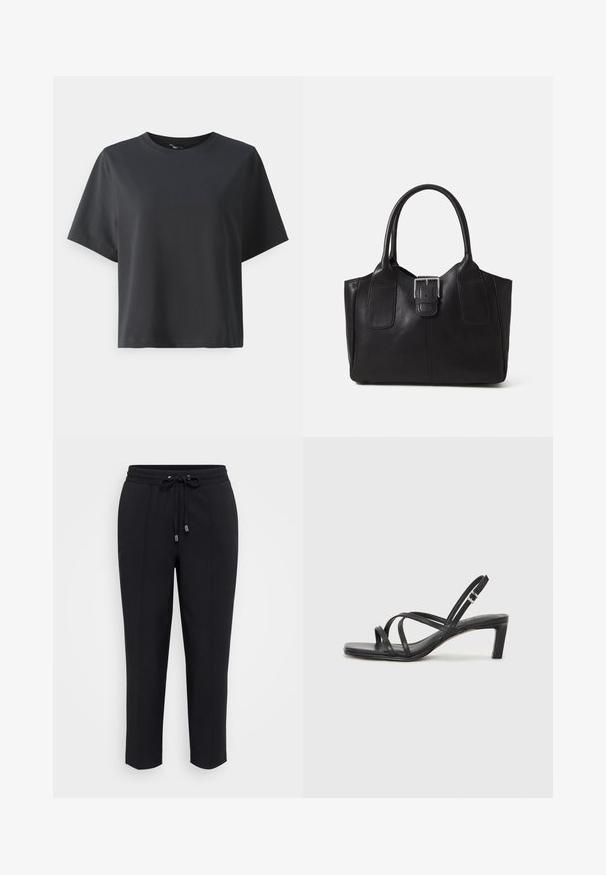 Svart bomull T-skjorte, korte ermer, rund hals, avslappet passform, jevn tekstur, enkel design, ingen mønstre eller aksenter.; Svarte joggebukser med snor i midjen, tettsittende passform og to sidepaneler. Mykt, glatt stoff uten synlige mønstre eller utsmykninger.; Sorte sandaler med stropper, firkantet tå og lav blokk hæl. Har flere tynne stropper og en justerbar ankelstropp. Laget av glatt lær.; Svart skinn toteveske med jevn tekstur, strukturert form, to håndtak og en fremtredende sølvspenne foran.