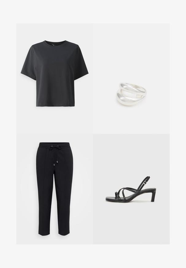 Black cotton t-shirt, short sleeves, crew neck, relaxed fit, smooth texture, simple design, no patterns or accents.; Black sweatpants with a drawstring waistband, tapered fit, and two side seams. Soft, smooth fabric with no visible patterns or embellishments.; Black strappy sandal with a square toe and a low block heel. Features multiple thin straps and an adjustable ankle strap. Made of smooth leather.; Silver double-band ring with a smooth, polished surface. Features a fluid, curved design with overlapping sections for a modern look.