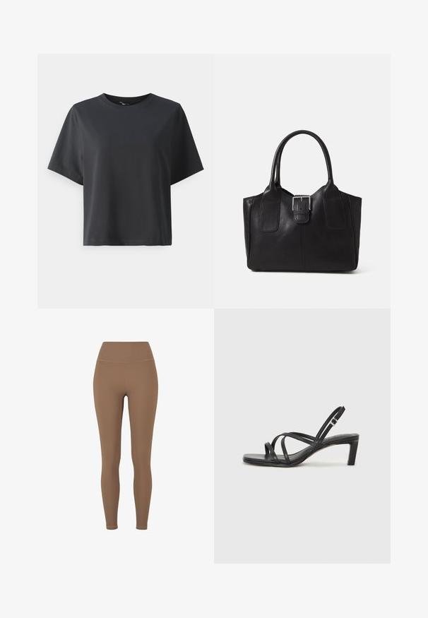 Tricou negru din bumbac, mâneci scurte, guler rotund, croială lejeră, textură netedă, design simplu, fără modele sau accente.; Colanți maro, cu nervuri, cu o talie înaltă. Materialul pare elastic și neted, având cusături minime și fără modele vizibile.; Sandal cu barete negre, cu vârf pătrat și toc mic de bloc. Prezintă mai multe barete subțiri și o bareta ajustabilă la gleznă. Fabricat din piele netedă.; Geantă tote din piele neagră cu textură netedă, formă structurată, două mânere și un detaliu proeminent din aliaj de argint pe partea din față.