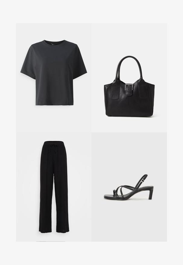 Black cotton t-shirt, short sleeves, crew neck, relaxed fit, smooth texture, simple design, no patterns or accents.; Black wide-leg pants made of lightweight fabric, featuring an elastic waistband with a drawstring and no visible patterns or accents.; Black strappy sandal with a square toe and a low block heel. Features multiple thin straps and an adjustable ankle strap. Made of smooth leather.; Black leather tote bag with smooth texture, structured shape, two handles, and a prominent silver buckle detail on the front.