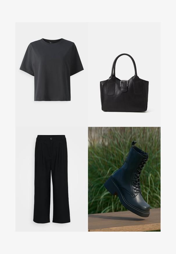 Black cotton t-shirt, short sleeves, crew neck, relaxed fit, smooth texture, simple design, no patterns or accents.; Black wide-leg trousers made of smooth fabric featuring front pleats, a waistband with a button closure, and a flowing silhouette.; Black leather ankle boots with a round toe, lace-up front, and thick, chunky heel. Features detailed stitching and a smooth surface texture.; Black leather tote bag with smooth texture, structured shape, two handles, and a prominent silver buckle detail on the front.