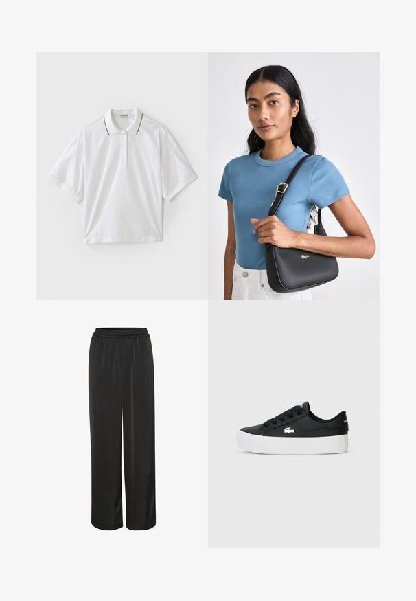 Bjela polo majica s kratkim rukavima, s gumbnim otvorom, zelenim i žutim detaljima na ovratniku i bočnim mrežastim detaljima. LACOSTE logo prisutan.; Crne saten hlače širokog kroja, s elastičnim pojasom i glatkom teksturom. Duljina im je do gležnjeva i nemaju dodatne ukrase.; Crne niske tenisice izrađene od sintetičkog materijala, s bijelim gumenim đonom, crnim vezicama i malim bijelim logotipom sa strane.; Crna torbica s teksturom i zakrivljenim oblikom, naglašena zlatnim logotipom, u kombinaciji s rebrastom svijetloplavom majicom s kratkim rukavima i bijelim hlačama.