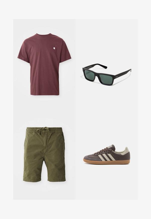 T-shirt en coton bourgogne à manches courtes, col rond et petit logo blanc sur la poitrine gauche. Texture lisse, coupe décontractée.; Shorts vert olive en tissu doux et texturé. Présentent une taille élastique avec cordon de serrage et des poches latérales.; Baskets en cuir marron avec trois bandes de couleur claire, semelle en gomme, bout arrondi et accents en daim texturé sur le talon et le bout.; Lunettes de soleil rectangulaires noires avec des verres verts, dotées d'une finition mate, de branches droites et du logo Ray-Ban sur le côté.