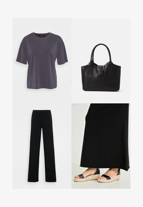 Pilkos spalvos trumpomis rankovėmis marškinėliai su laisvu siluetu, apvaliu kaklu, glotnia tekstūra ir paprastu dizainu. Nėra matomų raštų ar puošmenų.; Vero Moda Tall VMBERLIN ZAMIRA WIDE - Kelnės - black; Juodi espadrilės stiliaus sandalai su austo jūto platforma ir tekstūruotais juodais dirželiais, papuošti metaliniais kaiščiais, kad suteiktų papildomo akcento.; Juodas odinis nešiojamas krepšys su lygiu paviršiumi, struktūrine forma, dviem rankenėlėmis ir ryškiu sidabriniu sagties akcentu priekyje.