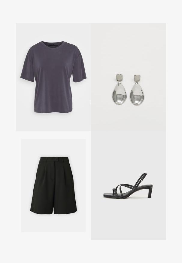 Gray short-sleeve t-shirt with a relaxed fit, round neck, smooth texture, and simple design. No patterns or embellishments visible.; Vero Moda Tall VMBECCA BERMUDA - Shorts - black; Black strappy sandal with a square toe and a low block heel. Features multiple thin straps and an adjustable ankle strap. Made of smooth leather.; Silver drop earrings with a square stud, featuring a smooth, polished finish and a teardrop shape, reflecting light with a glossy surface.