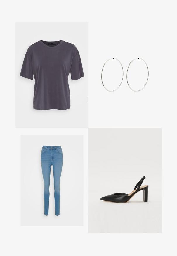 Pilkos spalvos trumpomis rankovėmis marškinėliai su laisvu siluetu, apvaliu kaklu, glotnia tekstūra ir paprastu dizainu. Nėra matomų raštų ar puošmenų.; Šie liekni mėlyni džinsai su aukštu liemeniu, priekinėmis kišenėmis ir užtrauktuko uždarymu. Kaina yra šiek tiek išblukusi, o siuvinėjimo detalės matomos kraštuose.; Juodas odinis slingback aukštakulnis batelis su riesta nosimi, atvira pirma dalimi ir bloko kulnu. Sklandus paviršius su minimaliomis detalėmis ir klasikinio dizaino elementais.; Sidabriniai auskarai-žiedai su lygiu, apvaliu dizainu ir blizgiu paviršiumi. Jie yra ploni ir lengvi, turintys paprastą užsegimą.