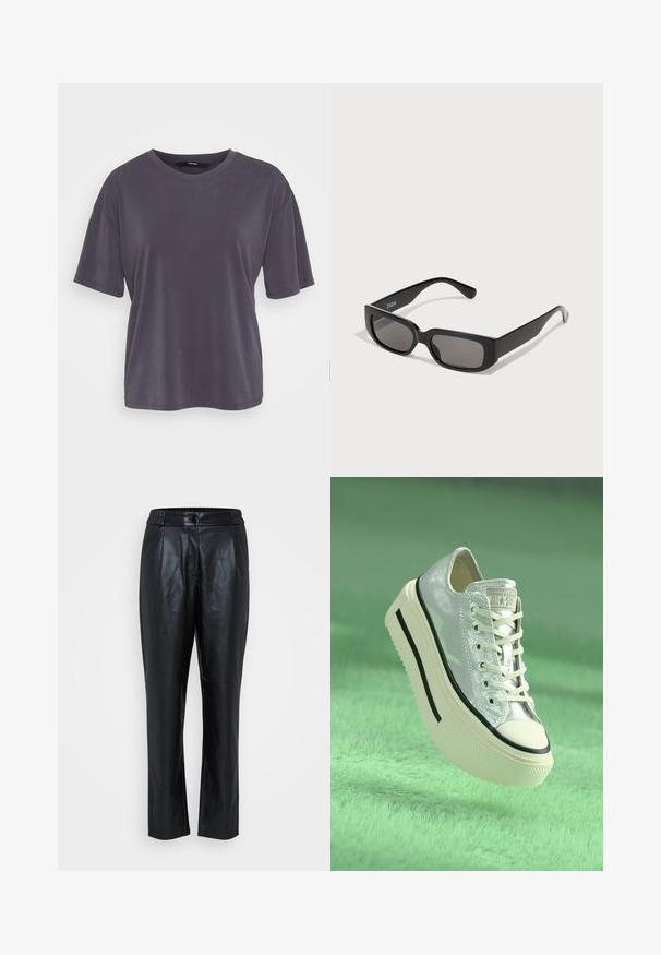 Gray short-sleeve t-shirt with a relaxed fit, round neck, smooth texture, and simple design. No patterns or embellishments visible.; Black leather pants with a smooth texture, tapered leg design, elastic waistband, and front seam details. Suitable for casual or formal wear.; Metallic silver sneaker with a platform sole, white laces, and black accents. Features a rounded toe and textured rubber outsole.; Black rectangular sunglasses with gray-tinted lenses, made of smooth plastic. Features a minimalist design with straight arms and subtle branding.