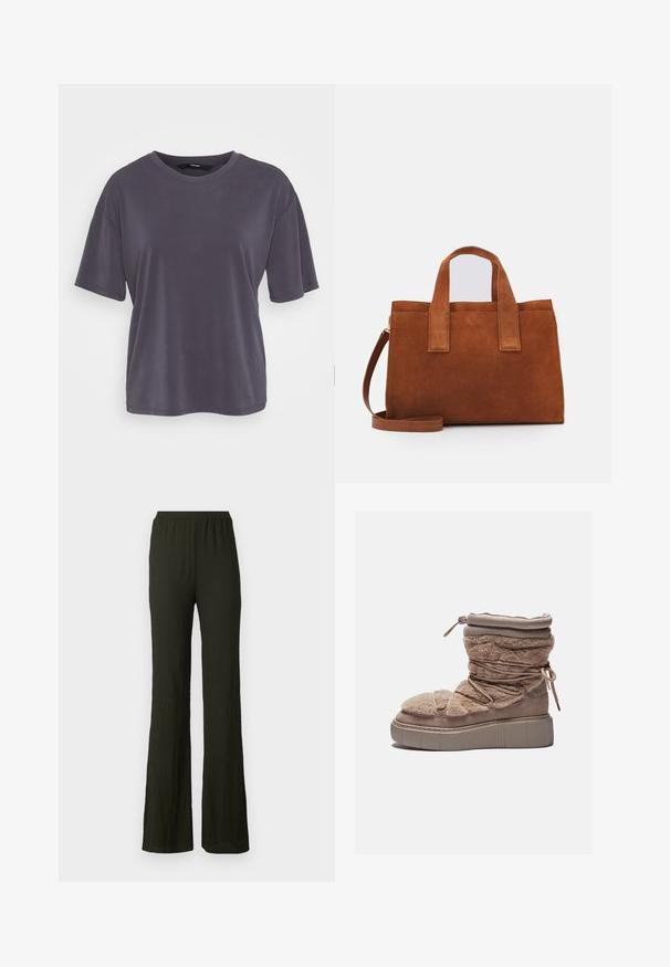 Szürke, rövid ujjú póló, laza szabással, kerek nyakkal, sima textúrával és egyszerű dizájnnal. Nincsenek látható minták vagy díszítések.; Sötétzöld, texturált, bőszárú nadrág, gumis derékkal. Puha anyag, harang alakú fazon. Nincsenek látható cipzárak vagy zsebek.; Szőrmés bézs bokacsizma vaskos platform talppal, ráncolt felsőrésszel és rugalmas fűzővel. Cipzáras záródással és puha textúrával rendelkezik.; Barna velúr kézitáska két felső fogantyúval és állítható vállpánttal. Struktúrált formával és minimalista dizájnnal rendelkezik.; Ezüst karika fülbevalók, letisztult, kerek formával, sima felülettel és látható díszítés nélkül. A átmérő nem megadott.