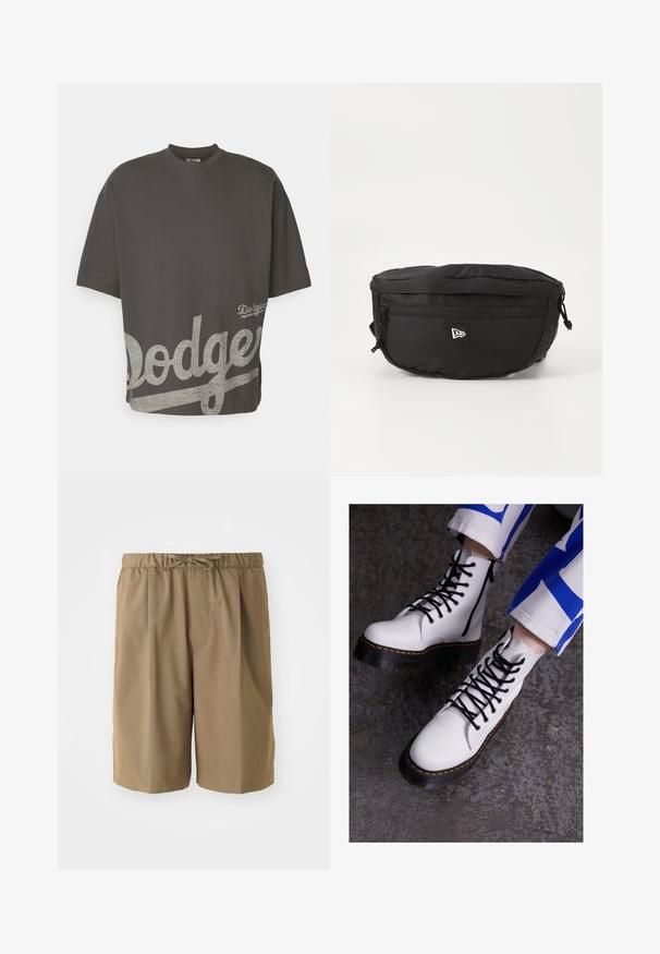 New Era MLB LOS ANGELES DODGERS OVERSIZED T-SHIRT - T-Shirt sport - black; Bermuda marroni con pieghe, dotate di una cintura elastica e di un lacciolo regolabile. Realizzate in un tessuto leggero e liscio, con gambe a taglio dritto.; Stivali alla caviglia bianchi in pelle con lacci neri, una cerniera sul lato e una suola spessa nera con dettagli di cucitura gialla.; Marsupio nero realizzato in nylon; dotato di una tasca con zip frontale, strap regolabile e una patch con logo. Forma arrotondata con una texture liscia.
