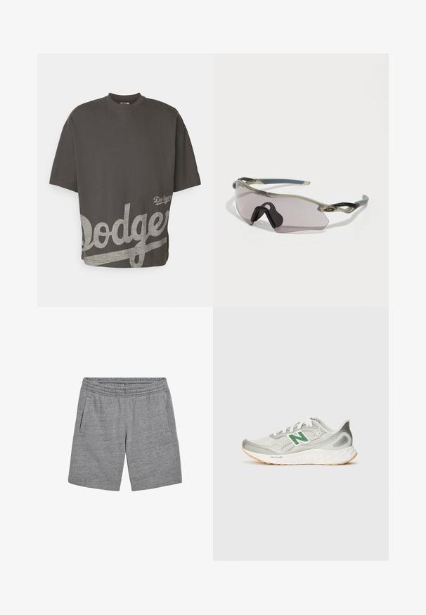 New Era MLB LOS ANGELES DODGERS OVERSIZED T-SHIRT - T-Shirt sport - black; Pantaloni sportivi grigi con cintura elasticizzata, due tasche laterali e un piccolo logo sulla parte anteriore. Tessuto morbido e strutturato.; Scarpa da corsa da uomo con tomaia leggera in mesh grigia e bianca, dotata di un logo verde, dettagli testurizzati e una suola bianca imbottita.; Occhiali da sole con montatura grigia traslucida, lenti colorate e design angolare. Presentano un pezzo nasale distintivo e astine di un grigio scuro texturizzato.