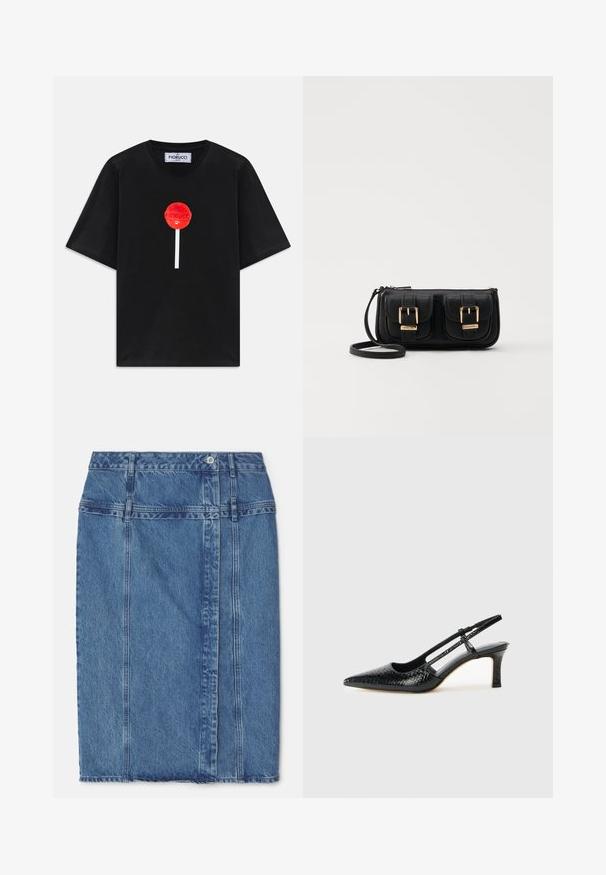 Črna majica s kratkimi rokavi z rdečim grafičnim motivom lizike na sredini, bela palica spodaj in oznaka znamke Fiorucci znotraj ovratnika.; Denim svinčnik krilo v srednji modri barvi z gladko teksturo, surovim robom in podrobnostmi sprednjega šiva. Ima klasičen dizajn s petimi žepi.; Črne lakaste slingback pete s koničastim nosom, ki imajo teksturiran vzorec kačje kože, nastavljiv trak in kratek teksturiran blok peto.; Črna usnjena torbica čez ramo z dvema sprednjima žepoma, zlatimi zaponkami, zadrgo in ozkim pasom. Tekstura površine je strukturirana, obliko pa ima kompaktno pravokotno.