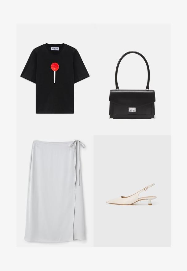 Čierne tričko s krátkym rukávom so stredovou grafikou červeného lízanka, bielym palicou dole a značkovou etiketou Fiorucci vo vnútri goliera.; Svetlošedá obalová sukňa s hladkou textúrou, bočným viazaním a jemným rozparkom na ľavej strane. Jednoduchý dizajn bez vzorov alebo akcentov.; Krémová lodička s špicatou špičkou a nízkým jemným podpätkom so zlatou sponou na jednoduchom bielom pozadí.; Čierna kožená kabelka so štruktúrovaným dizajnom, s hornou rúčkou a strieborným klipom. Obsahuje akcenty na rohoch a hladkú textúru.