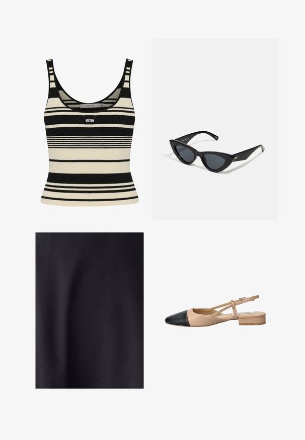 Melnā un krēmkrāsā svītraina bezpiedurkņu blūze ar pieguļošu dizainu, kas rotāta ar bieziem horizontāliem svītrainiem un logotipu centrā priekšpusē. Mīksta adīta struktūra.; Melnā auduma virsma ar gludu, matētu tekstūru. Virsmai ir neliela spīduma pakāpe, kas parāda smalko austumu bez redzamām rakstu vai akcentu niansēm.; Beidzējais un melns divu tonā sūkņis ar norāvu, ar norādītu pirkstu, plakanu papēdi un krustojuma siksnu detaļu. Gluda ādas tekstūra.; Kaķu acs saulesbrilles ar spīdīgu melnu plastmasas rāmīti, tumšiem stikliem un zelta akcentiem uz tempļiem. Leņķaina forma ar gludām līnijām.