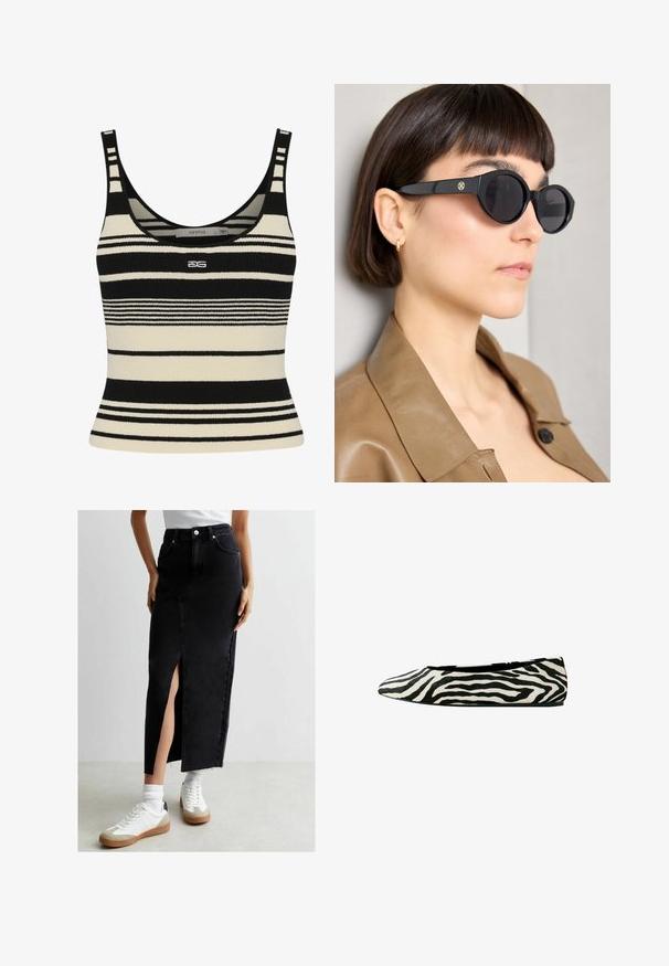 Svart och krämrandig linne med en figurnära design, som har tjocka horisontella ränder och en logotyp centrerad på framsidan. Mjuk stickad textur.; New Look Midi - A-linjekjol - black; Next REGULAR FIT - FOREVER COMFORT ROUND TOE - Ballerinaskor - zebra; Svarta oktagonala solglasögon med mörka linser, prydda med ett guldemblem på sidan, i kombination med en tan-färgad läderjacka.