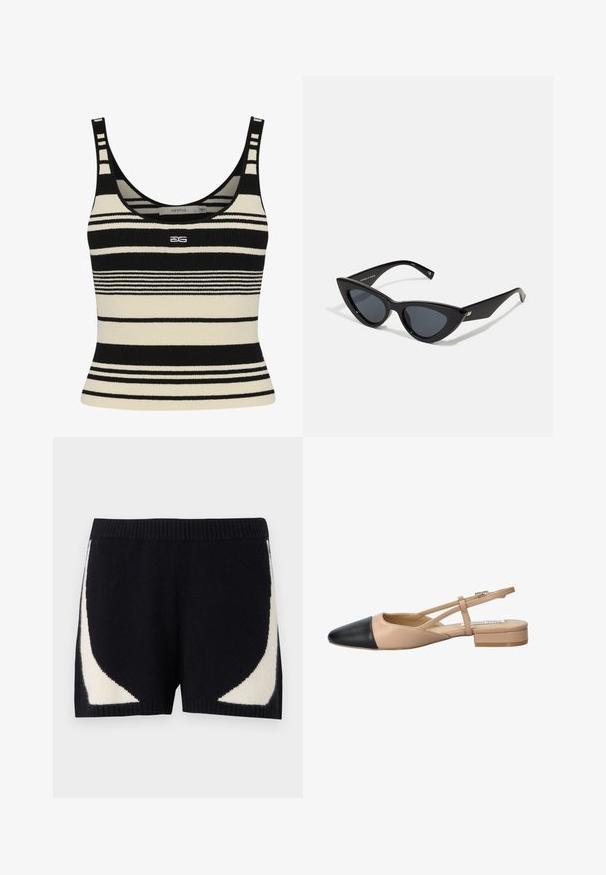 Débardeur noir et crème rayé avec un design ajusté, présentant de larges rayures horizontales et un logo centré sur le devant. Texture en tricot douce.; Shorts en tricot noirs avec des motifs géométriques crème contrastants sur les côtés. Dotés d'une taille côtelée et d'une texture douce.; Chaussure à bride arrière bicolore beige et noire avec un bout pointu, un talon plat et un détail de sangle croisée. Texture en cuir lisse.; Lunettes de soleil en forme d'œil de chat avec une monture en plastique noir brillant, des verres foncés et des détails dorés sur les branches. Design angulaire avec des lignes épurées.