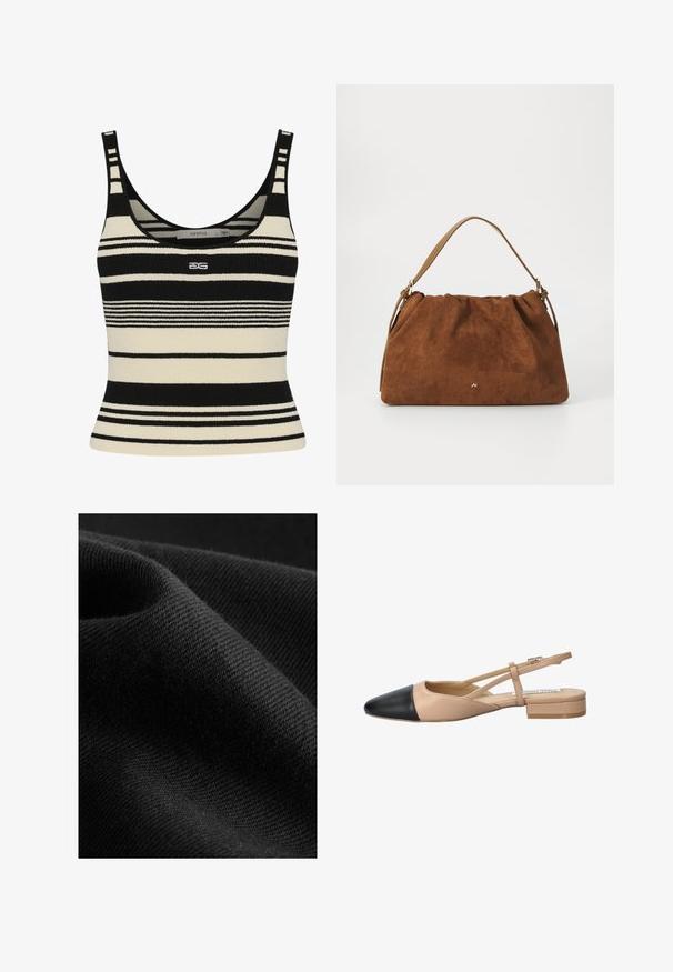 Schwarzes und crèmefarbenes, gestreiftes Tanktop mit taillierter Passform, das dicke horizontale Streifen und ein zentriertes Logo auf der Vorderseite zeigt. Weicher Strickstoff.; Schwarzer Stoff mit glatter Textur und einem dezenten Glanz, ausgestattet mit einem diagonalen Webmuster und einem weichen, flexiblen Fall.; Beige und schwarze zweifarbige Slingback-Schuhe mit spitzer Zehenpartie, flachem Absatz und gekreuztem Riemendetail. Glattes Lederfinish.; Braune Wildlederhandtasche mit einem gerafften Design, ausgestattet mit einem einzelnen hellbraunen Ledertragegurt und einem subtilen goldenen Logo-Detail auf der Vorderseite.