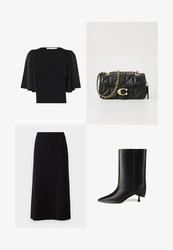 Čierny top s krátkymi puff rukávmi vyrobený z priesvitnej látky, s okrúhlym výstrihom a priliehavým strihom. Mäkká textúra s hladkým povrchom.; Čierna maxi sukňa s hladkou, jemnou textúrou a elastickým pásom. Jednoduchý, rovný strih bez viditeľných vzorov alebo ozdôb.; Čierne kožené členkové topánky s špicatou špičkou, jedinečným prehnutým dizajnom a malým kužeľovým podpätkom. Hladká textúra s minimálnym zdobením.; Čierna lesklá kožená kabelka s prešívaním, so zlatým reťazovým popruhom a uzáverom na klip s okrúhlou ozdobou. Kompaktný obdĺžnikový tvar.