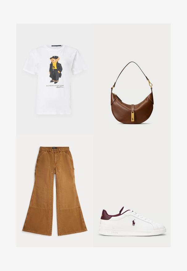 Bela bomba majica iz bombaža s karikaturnim medvedom v črnem plašču in kapici, rumenim puloverjem in črnimi čevlji. Vključen je napis "Polo Bear by Ralph Lauren."; Rjave bombažne hlače širokih hlačnic z našitki, zapenjanjem na gumb in poševnimi žepi spredaj. Gladek teksturni izgled, priložnostna zasnova.; Bele usnjene superge z burgundskimi akcenti, okroglo konico, vtisnjenim logotipom in ravnimi vezalkami. Texturirana podplat in gladke površinske detajle.; Rjava usnjena torba za ramensko nošenje s ukrivljeno obliko, zlatim dodatkom, detajlom na zgornjem zapiranju in logotipom. Gladka tekstura s šivi.