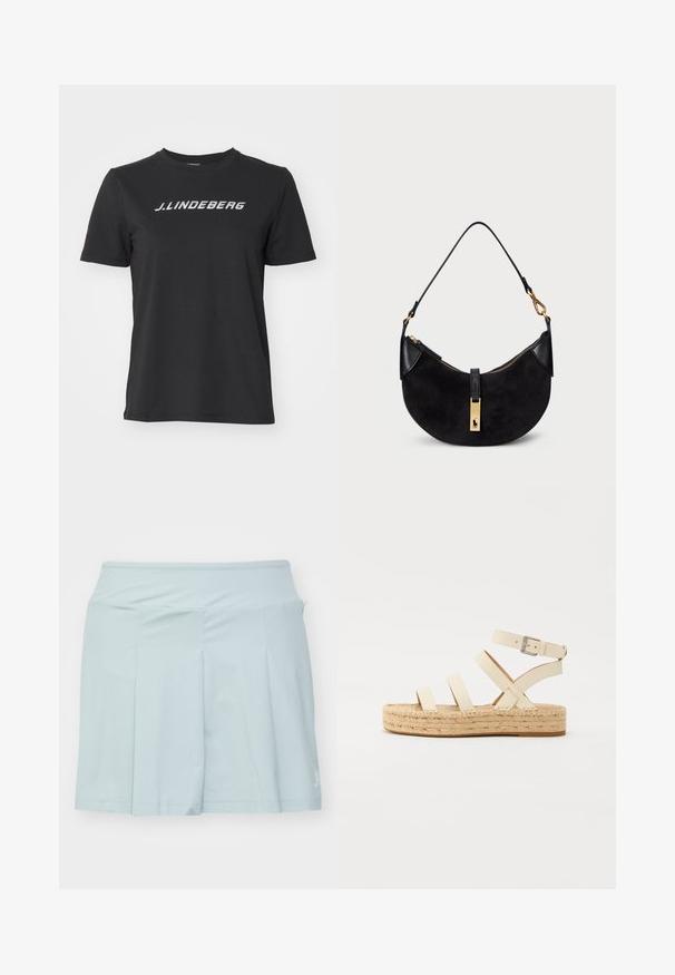 Must t-särk, millel on valge logo "J.Lindberg" rinna peal. Lühikesed varrukad, ümar kaelus ja tavaline lõige.; Hele sinine spordiseelik, millel on lai vöökoht, pliseeritud disain ja väike logoaktsent alumises paremas nurgas. Pehme kangastekstuur.; Beežid nahast sandaalid risti rihmadega, pandla detail ja juudist kontsaga platvormpõhi. Disainil on paks kootud tekstuur ja lame põhi.; Must värvusega kott, millel on kumer kuju, valmistatud sametist ja nahast, millel on kuldse tooni tõmblukk ja logo detail. Kaasas lühike sang.