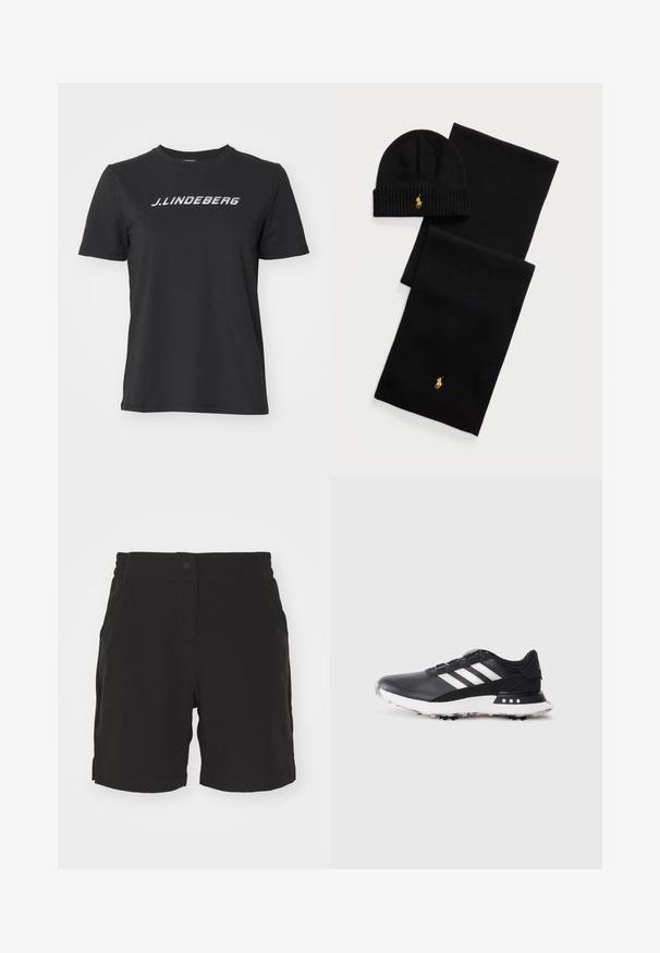 Melnas kokvilnas T-krekls ar baltu logo "J.Lindberg" uz krūtīm. Īsas piedurknes, apaļa kakla izgriezums un standarta piegriezums.; Melnas šortas, kas izgatavoti no gludas auduma, ar pogu aizdari, elastīgu jostasvietu un sānu kabatām. Taisna griezuma ar apdari apakšā.; Melnas sporta kurpes ar baltām svītrām, teksturēts augšdaļa, apaļa purngala forma un balta gumijas zole ar maziem izciļņiem saķerei.; Melna adīta cepure un šalle komplekts. Iezīmējas ar ribotu tekstūru un zelta logotipa akcentiem. Mīksta auduma ar elegantu dizainu, piemērots aukstam laikam.