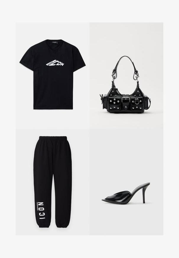 Sort bomulds t-shirt med korte ærmer og rund halsudskæring. Har et hvidt grafisk logo "DSQUARED2 CDN" på fronten.; DSQUARED2 ICON ICON - Træningsbukser - black; Sorte læder højhælede mules med åbent tådesign, spidse former, glat tekstur og en slank stiletto hæl.; Sort læderhåndtaske med et buet design, prydet med sølvfarvede nitter, en spænde og to sidelommer. Justerbar rem til forskellige bære muligheder.