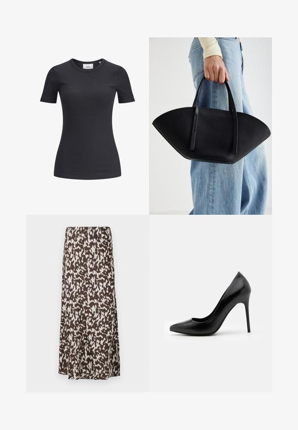 Crna rebrasta majica s kratkim rukavima i okruglim izrezom. Izrađena od mekanog, rastezljivog materijala, s blagom teksturom i prilagođenim siluetom.; Smeđa suknja s bijelim apstraktnim uzorkom, s lepršavim dizajnom i glatkom teksturom, koja se proteže do sredine tele.; Crne kožne štikle s visokom potpeticom, šiljastim prstom i glatkom teksturom. Imaju usku špicastu potpeticu i niskog kroja dizajn vampirine.; Crna kožna torba jedinstvenog oblika ventilatora, s ravnim ručkama. Površina ima teksturu sličnu šljunku i minimalistički dizajn.