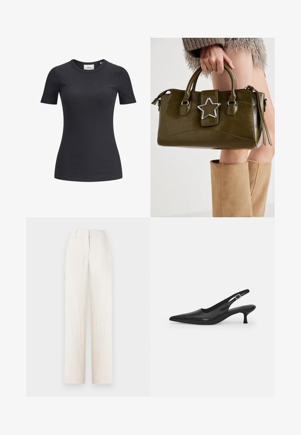 Crna rebrasta majica s kratkim rukavima i okruglim izrezom. Izrađena od mekanog, rastezljivog materijala, s blagom teksturom i prilagođenim siluetom.; Linen hlače u svijetlosmešnoj boji s ravnim nogavicama, s pojasom i prednjim nabranim detaljima.; Crne kožne slingback cipele s oštrim nosom i uskim, zakrivljenim potplatom. Imaju diskretnu podesivu traku s metalnom kopčom.; Maslinasto zelena torba od umjetne kože s srebrnim zvijezdastim detaljem, dvostrukim ručkama i zatvaranjem na munje. Teksturirana površina i strukturirani oblik.