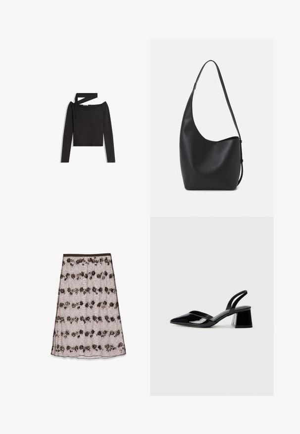 Crop top nero a maniche lunghe con design scollato sulle spalle e dettaglio con spallina asimmetrica su un lato.; Gonna midi in pizzo di colore rosa chiaro con motivi floreali in marrone scuro e bronzo, dotata di paillettes e una vita liscia.; Décolleté in vernice nera con punta affusolata e tacco in geometria cubica. Presentano un design elegante e minimalista, con una texture liscia.; Borsa hobo nera in pelle con una superficie liscia, forma curvata e una singola tracolla regolabile; presenta un'ampia apertura nella parte superiore.