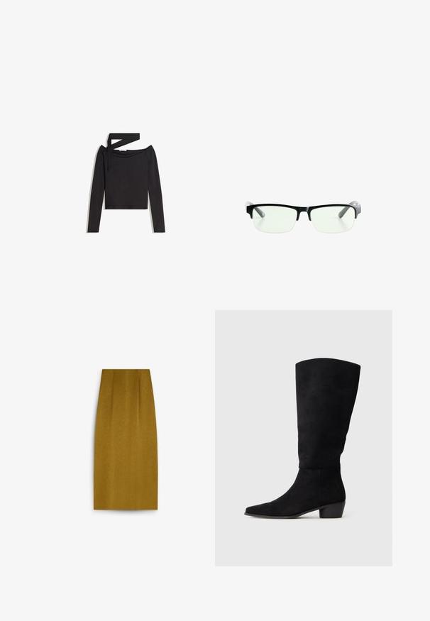 Crop top noir à manches longues avec un design décolleté et un détail de bretelle asymétrique sur un côté.; Jupe crayon jaune moutarde arrivant au genou, avec une texture lisse, présentant une silhouette droite et de subtils plis à l'avant.; Botte noire en daim hauteur genou avec un petit talon bloc et un bout pointu, présentée de profil sur un fond gris clair uni.; Lunettes noires rectangulaires avec des verres transparents, présentant des montures noires élégantes et des embouts de branches transparents gris. Design minimaliste, sans marquage visible.; PULL&BEAR Sac à main - black