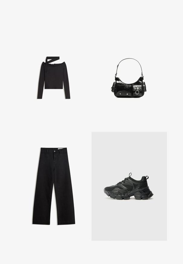 Top scurt cu maneci lungi de culoare neagră, cu un design off-shoulder și un detaliu asimetric la curea pe o parte.; Pantaloni din denim negri cu picioare largi, cu talie înaltă, având buzunare frontale și posterioare, cusături dublate și închidere cu nasture. Textură netedă.; Even&Odd Wide Fit MAURITANIA - Sneakers low - black; Geantă de mână din piele lăcuită neagră, cu o formă curbată, un umăr, buzunare frontale și accente din metal argintiu.