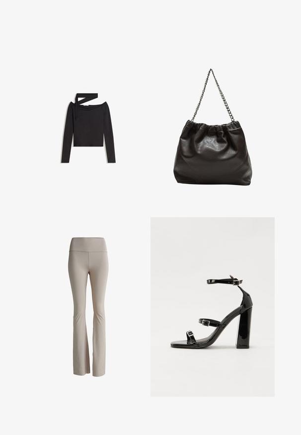 Mustat pitkät hihat crop-top, jossa on olkapäät paljastava muotoilu ja epäsymmetrinen hihna yksipuolella.; Beige leggings lempang yang terbuat dari bahan elastis. Pinggang tinggi dengan merek yang halus. Tekstur halus tanpa jahitan atau pola yang terlihat.; Musta kiiltävä korkokenkä sandaalit neliönmuotoisella varpaalla, nilkkaremmillä ja hopeisilla soljilla. Varustettu tukevalla lohkokorkealla vakauden takaamiseksi.; Ruskea nahkainen laukku, jossa on kerätty yläosa ja ketjuhihna. Tasainen pinta, jossa kiiltävä viimeistely ja hienovaraiset sauman yksityiskohdat sivuilla.