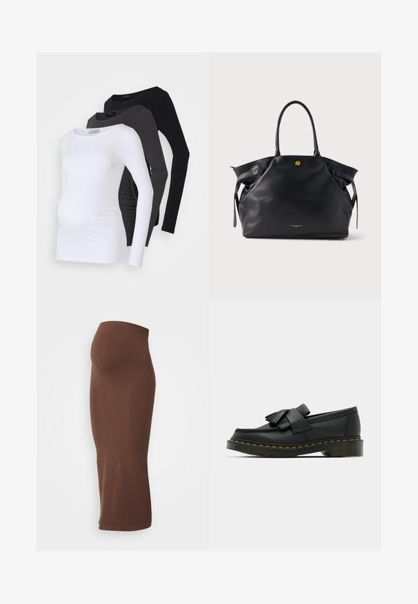 Trois hauts de maternité à manches longues en blanc, charbon et noir. Fabriqués en tissu doux avec une finition lisse et des détails froncés sur les côtés pour un confort optimal.; Jupe midi côtelée marron avec une taille élastique, présentant une silhouette ajustée et une texture lisse. Aucune motif ou accent distinct visible.; Mocassins en cuir noir avec un bout rond, présentant un détail à franges et une bande décorative à l'avant, montés sur un talon épais.; Sac fourre-tout en cuir noir avec une surface texturée, des ferrures dorées et deux poignées arrondies. Dispose d'une fermeture sécurisée et d'un marquage minimaliste.