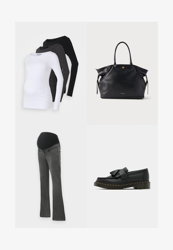 Trīs garām piedurknēm paredzētas grūtnieču blūzes baltā, antracīta un melnā krāsā. Izgatavotas no mīksta auduma ar gludu apdari un sānu ručka detaļām komfortam.; Grūtniecības džinsi tumši pelēkā denima krāsā ar plašu melnu elastīgu jostu, taisna piegriezuma kājas un vieglu izbalēšanu uz auduma.; Melnas ādas mokasīni ar apaļu purngalu, piedāvā frizētus detalizējumus un dekoratīvu joslu priekšā, uz masīva papēža.; Melna ādas tote soma ar reljefu, zelta detaļām un divām noapaļotām rokturiem. Izceļas ar drošu aizdari un minimālu zīmola logotipu.