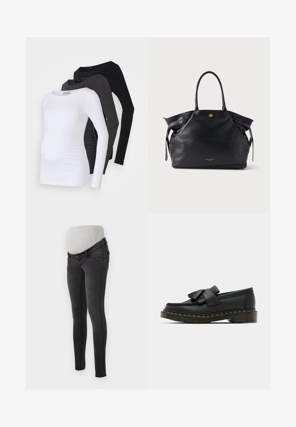 Kolm pikakäiselist rasedustoppi valget, söe-ja musta värvistoones. Valmistatud pehmest kangast, mis on sileda viimistlusega ning külje rüüside detailiga mugavuse tagamiseks.; Tumedates hallides teksades beebiootelimisteksad pehme halli elastse vöökohaga mugavuse tagamiseks. Kitsas lõige standardsete taskutega.; Mustad nahast loafers ümmarguse toe ja fribulaga detailiga, millel on dekoratiivne riba ees ja mis on paigutatud paksule kannale.; Mustast nahast ostukott, millel on tekstuuriga pind, kuldsed detailid ja kaks ümarat käepidet. Varustatud turvalise sulgemise ja minimaalse brändinguga.