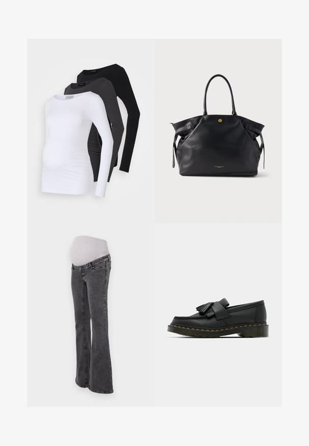 Tres blusas de maternidad de manga larga en blanco, carbón y negro. Fabricadas con una tela suave de acabado liso y detalle de fruncido lateral para mayor comodidad.; Jeans de maternidad con una cintura elástica ajustada de color gris, piernas acampanadas y acabado en denim gris oscuro, que cuentan con costuras estándar y bolsillos.; Mocasines de cuero negro con punta redonda, que presentan un detalle de flecos y una banda decorativa en la parte frontal, montados sobre un tacón grueso.; Bolso tote de cuero negro con superficie texturizada, herrajes dorados y dos asas redondeadas. Cuenta con un cierre seguro y branding minimalista.