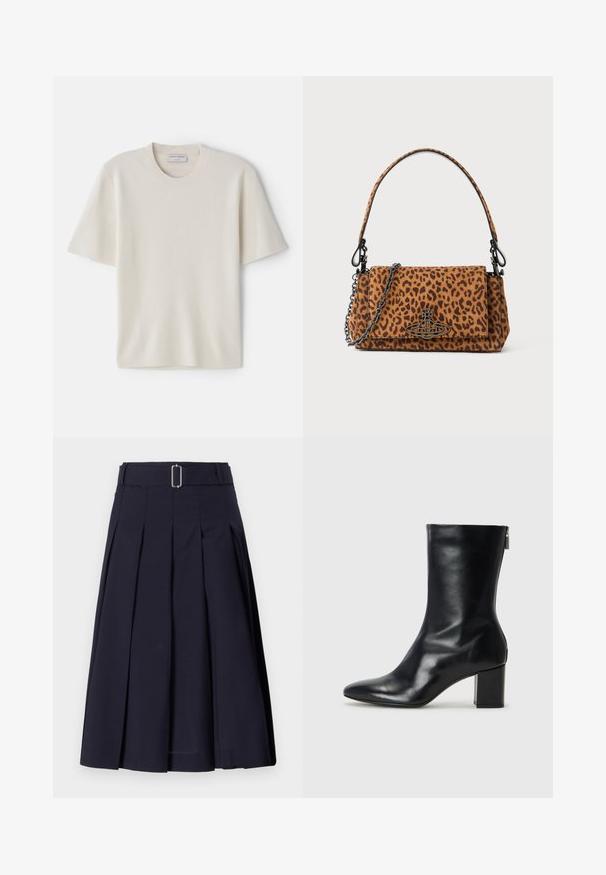 Cream short-sleeve t-shirt with a round neckline, made from soft material, featuring a straight cut and minimal detailing.; Navy pleated skirt with a fabric belt and rectangular silver buckle, features a flared silhouette and smooth texture.; Black leather ankle boot with a pointed toe and 4 cm block heel. Sleek design features a side zipper for easy wear. Smooth texture.; Leopard print handbag made of suede with a short handle, a chain strap, and a black hardware clasp. Rectangular shape with a flap closure.