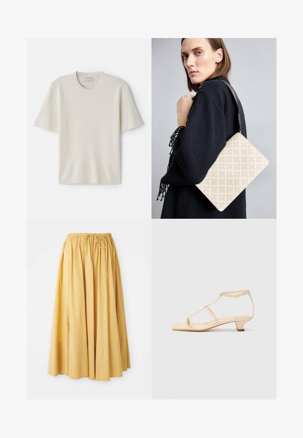 Kreem värvi lühikeste varrukatega T-särk ümmarguse kaelusega, valmistatud pehmest materjalist, omades sirget lõiget ja minimaalseid detailide rõhutusi.; Pikk kollane seelik, millel on elastne vöökoht ja pael. Valmistatud kerge kangaga, millel on kokku keeratud volangid, et saavutada voolav disain.; Beezhides sandaalid T-ribauga, ruudukujulise varbaga, reguleeritava pahkluuringiga ja madala plokkningaga. Siledast nahast. ; Beez värviga mustriga õlakott, millel on struktureeritud kuju ja pruuni tekstuuriga rihm. Kandnud mudel halli tausta ees.