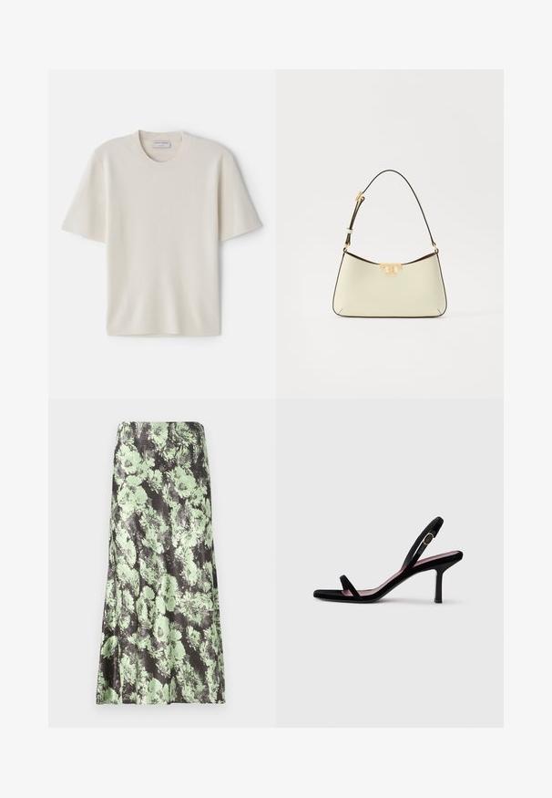 Krēmveidīga T-kreklu ar īsām piedurknēm, apaļo kakla izgriezumu, izgatavota no mīksta materiāla, ar taisnu griezumu un minimālu dekoru.; Ziedu svārki ar melnu pamatni un gaiši zaļiem ziedu rakstiem. Materiāls šķiet gluds ar nedaudz spīdīgu tekstūru un plandošu formu.; Melna zamšaina sieviešu augstpapēžu sandaļi ar šaurām siksnām un zeltītu sprādzi uz baltā fona, sānu skats.; Kriemeļkrāsas ādas rokassoma ar izliekta formas dizainu. Iespējo zelta toņa logotipa uzsvars un plāna, regulējama tumša siksna.