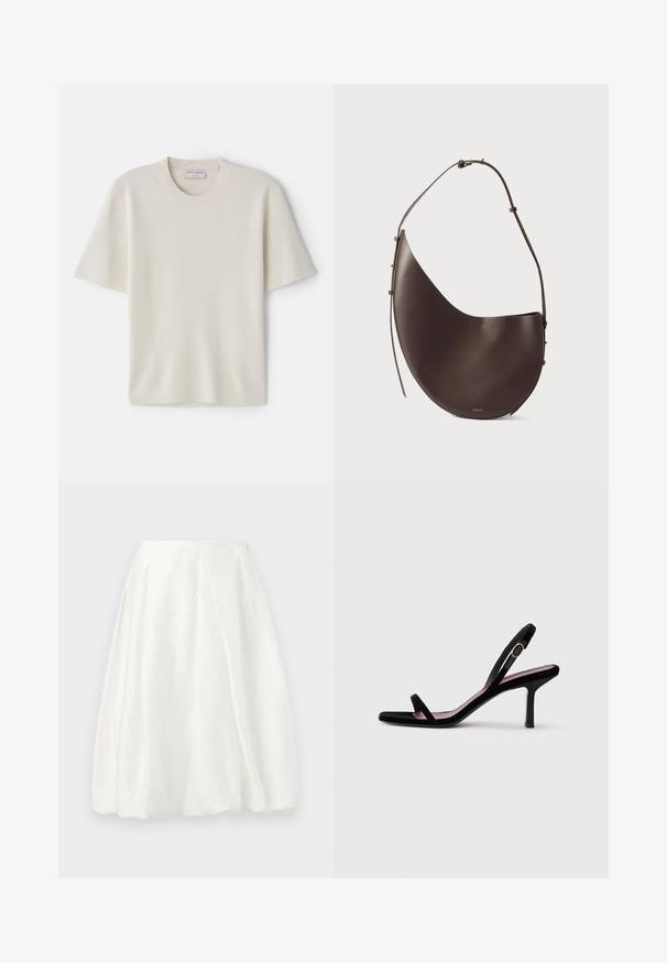 Cream short-sleeve t-shirt with a round neckline, made from soft material, featuring a straight cut and minimal detailing.; White, knee-length skirt with a textured fabric, featuring a high waist and a flared design for a volume effect.; Black suede women's high-heeled sandal with slim straps and a gold buckle on a white background, side view.; Brown leather handbag with a curved shape, single strap, and minimalistic design. Features a subtle logo and gold hardware accents.